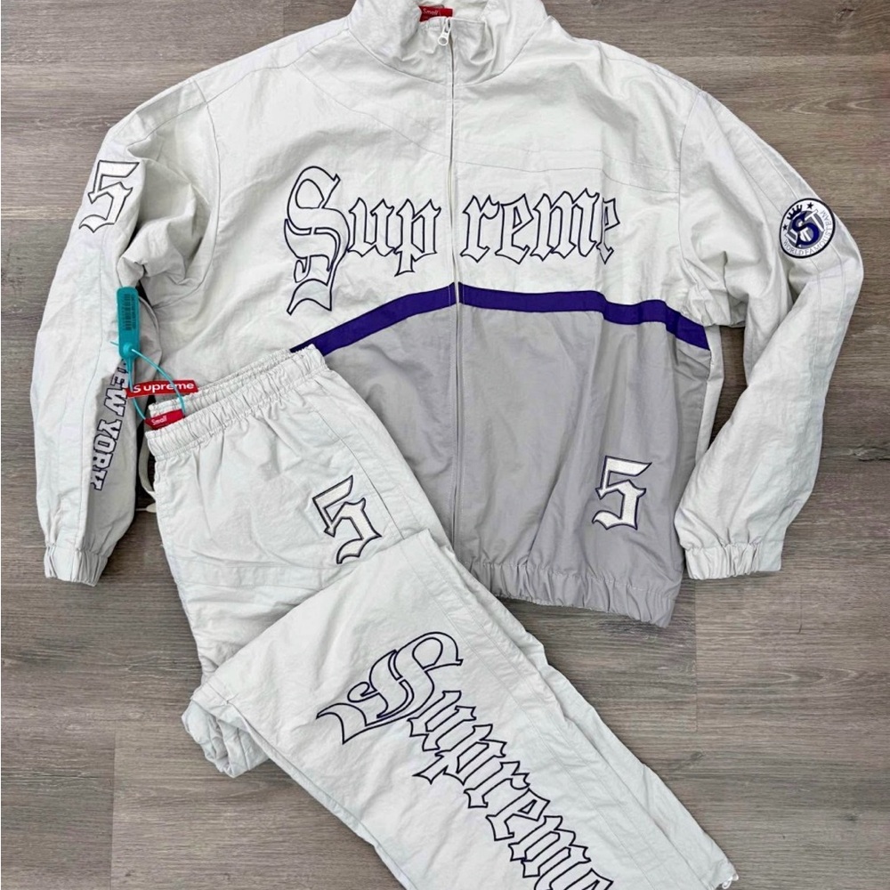 Supreme White and Gray Tracksuit with Purple Stripe